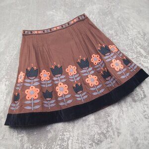 Anthropologie Lithe Floral Embroidered Brown Skirt Velvet Trim Lined Size 10 EUC